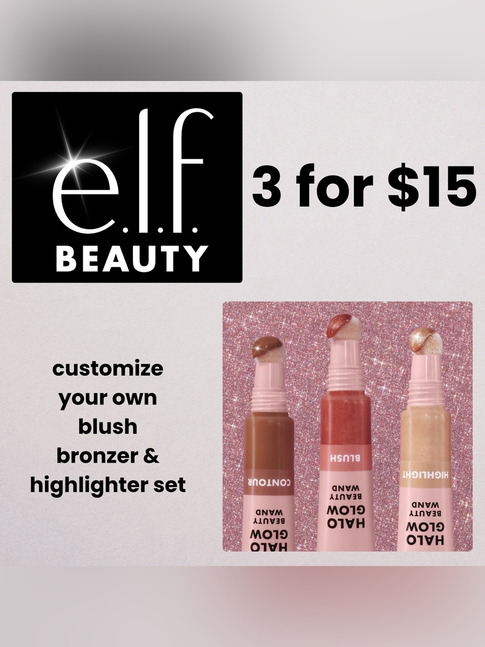 ELF Halo Glow Cream Blush, Contour & Highlighter Trio - Brown, Pink, Gold